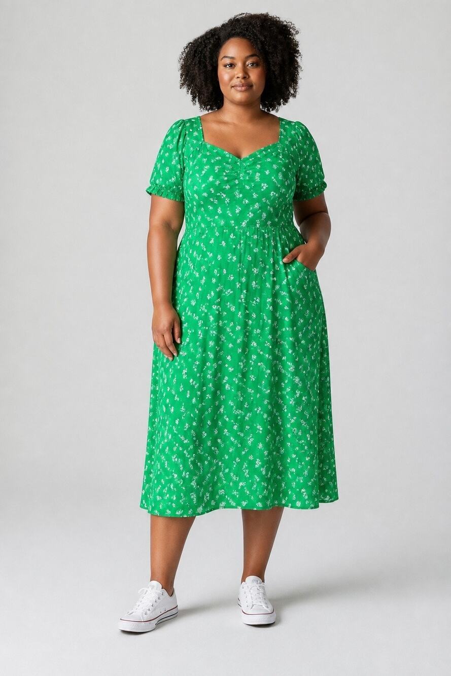 NWT J.Crew Womens 14 Green Floral Midi Dress Square Neck Puff Sleeve